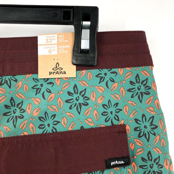 PRANA Men's Vintage Boardshort Size 32 Green Cove Geo Floral 6" Inseam Swim NWT - Picture 8 of 9